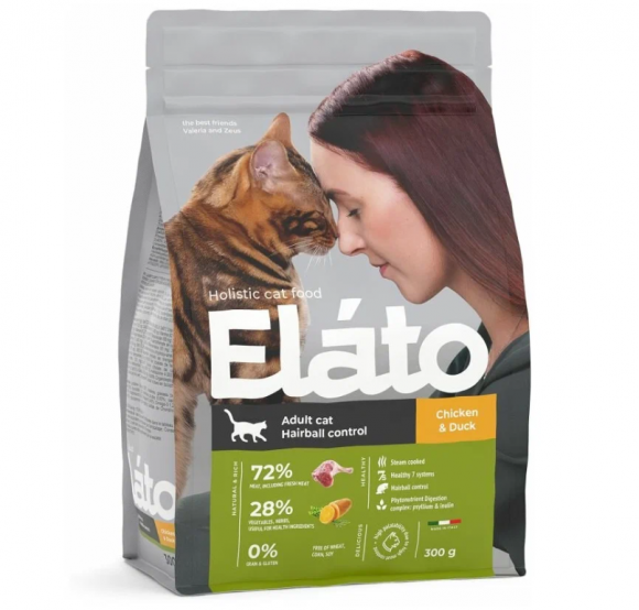 Корм Elato Holistic для взрослых кошек  с курицей и уткой, для выведения шерсти, 1,5кг