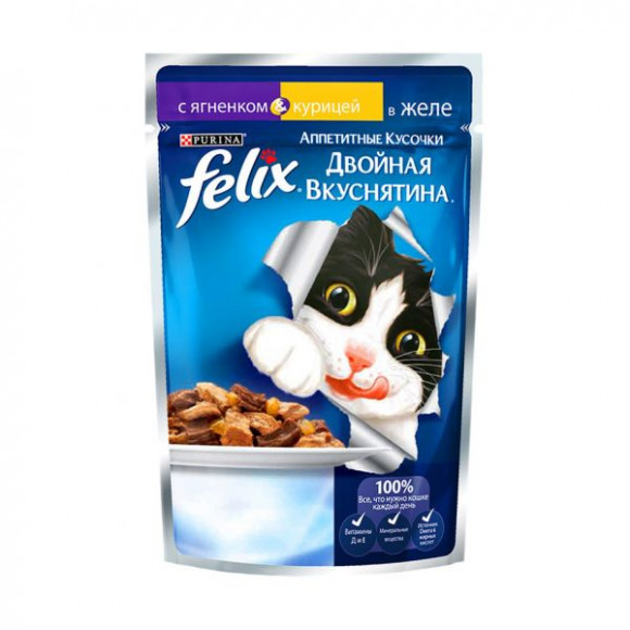 Влажный корм Purina Felix  для кошек Аппетитные кусочки Двойная вкуснятина, ягнёнок и курица, пауч 85гр