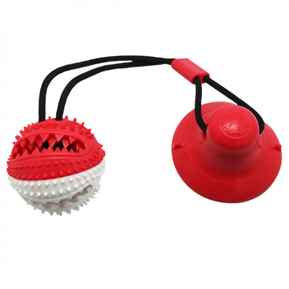 Игрушка для собак Тяни-кусай на одной присоске 40см красно-белый шипованный мяч N1