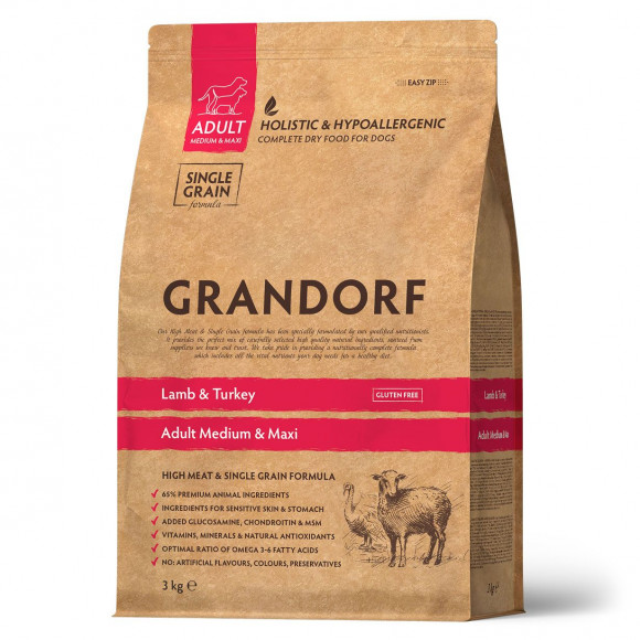 Корм GRANDORF DOG Lamb&Turkey Med&Max (ягнёнок с индейкой для собак средних и крупных пород) 3 кг