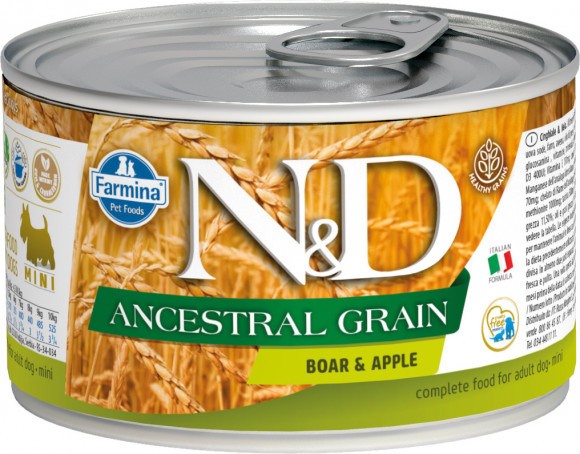 СКИДКА!!! Влажный корм Farmina N&D Dog Ancestral Grain Boar & Apple Mini консервы низкозерновые для собак мелких пород Кабан с яблоком 140гр (СРОК 19.03.2024)