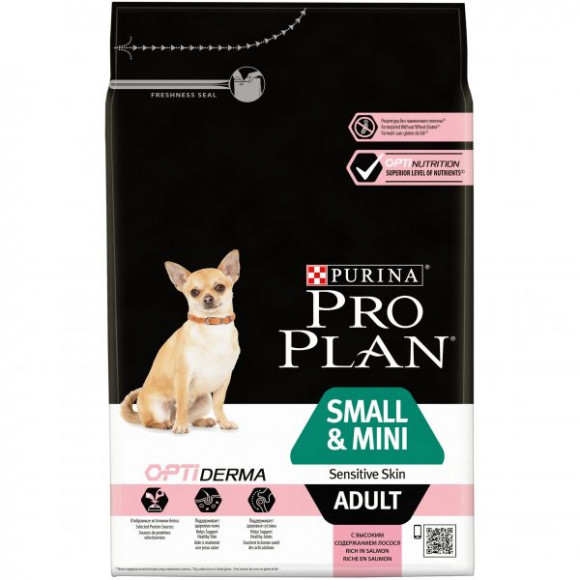 Корм Purina Pro Plan для взрослых собак мелких и карликовых пород с чувствительной кожей, лосось с рисом, 3 кг