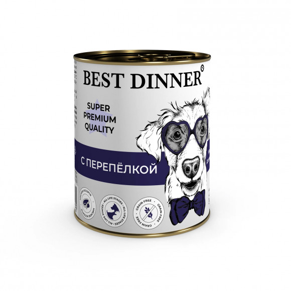 Консервы BEST DINNER SUPER PREMIUM для собак и щенков (ПЕРЕПЕЛКА), 340 г.