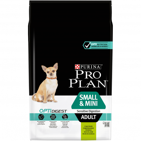 Корм Purina Pro Plan для взрослых собак мелких и карликовых пород с чувствительным пищеварением, ягнёнок с рисом, 7 кг