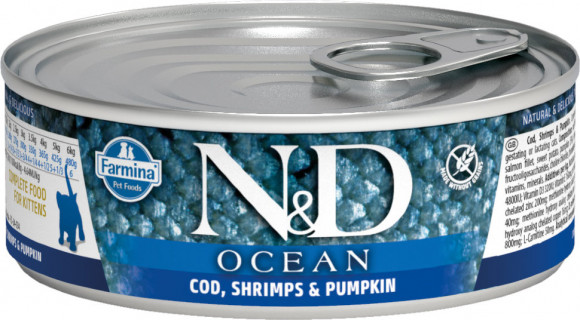 Влажный корм Farmina N&D Cat Ocean Cod, shrimp & pumpkin Kitten консервы для котят Тунец, треска, креветки и тыква 80гр