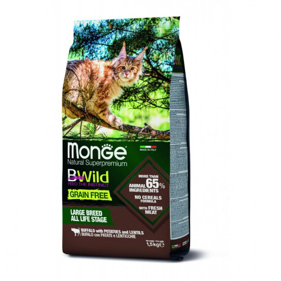 Корм Monge BWild Cat Grain Free беззерновой для крупных кошек всех возрастов из мяса буйвола 1,5кг