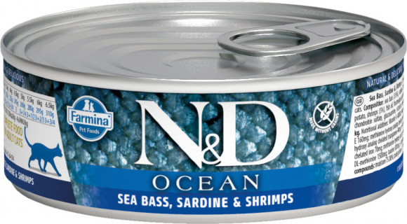 Влажный корм Farmina N&D Cat Ocean Sea bass, sardine & shrimp консервы для кошек Тунец, сардина и креветки 80гр