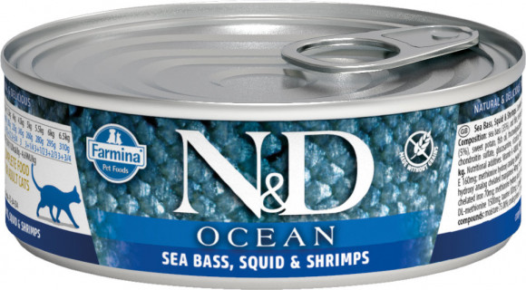 Влажный корм Farmina N&D Cat Ocean Sea bass, squid & shrimp консервы для кошек Тунец, кальмар и креветки 80гр