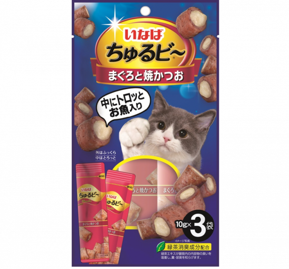 Лакомство для кошек INABA Churu Bee запеченные трубочки с тунцом магуро и тунцом кацуо, 3шт/30г