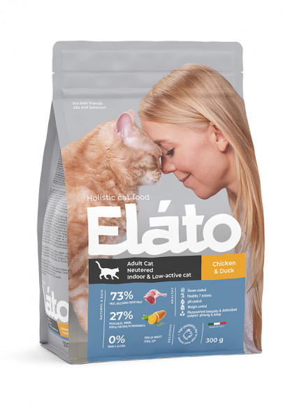 Корм Elato Holistic для кастрированных котов, стерилизованных и малоактивных кошек  с курицей и уткой, 300гр