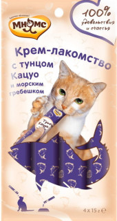 Мнямс Крем-лакомство для кошек с тунцом Кацуо и морским гребешком 4шт*15г Мнямс Крем-лакомство для кошек с тунцом Кацуо и морским гребешком 4шт*15г