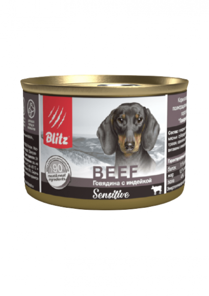Консервы Blitz полнорационный корм для собак всех пород и возрастов, говядина с индейкой 200 гр