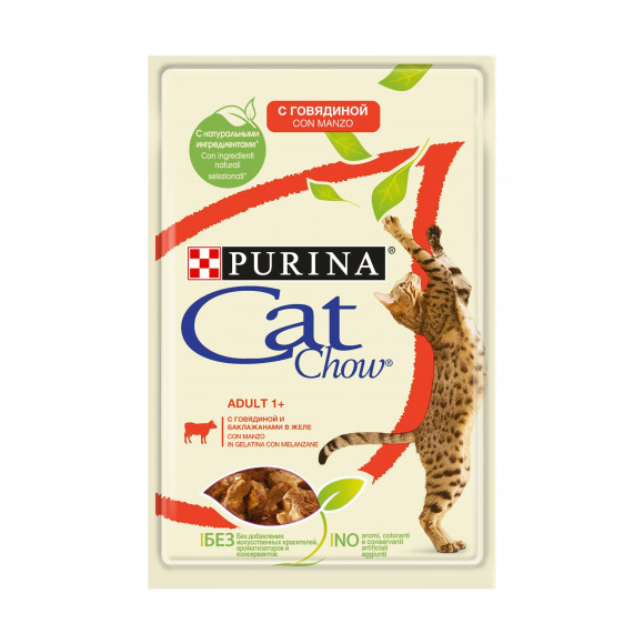 Влажный корм Cat Chow для взрослых кошек говядина и баклажан в желе 85гр