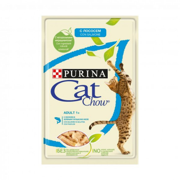 Влажный корм Purina Cat Chow Adult 1+ ,для кошек старше 1 года лосось и зеленый горошек в желе 85гр