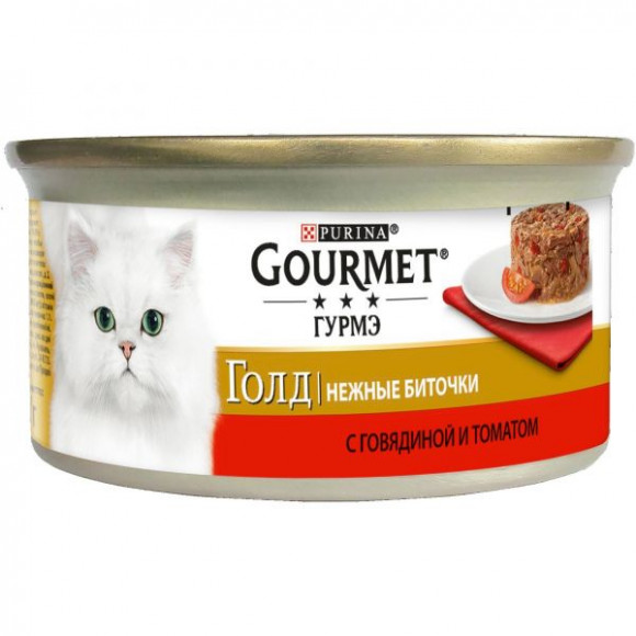 Консервы Purina Gourmet Gold Нежные биточки для кошек, говядина с томатами, банка, 85 г