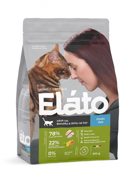 Корм Elato Holistic для взрослых кошек с рыбой / для красивой и блестящей шерсти, 300гр