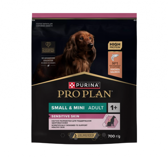 Корм Purina Pro Plan SENSITIVE SKIN для взрослых собак мелких и карликовых пород с чувствительной кожей с лососем, 700 г