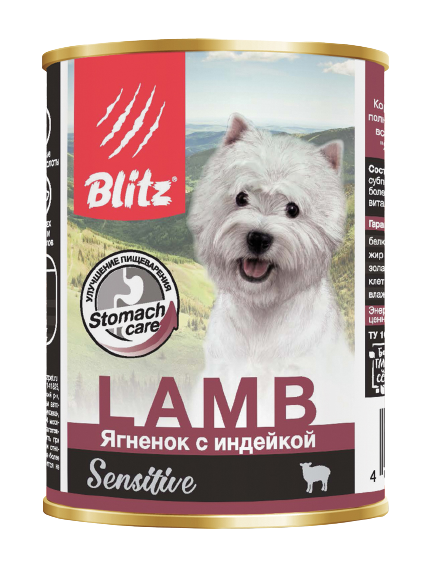 Консервы Blitz полнорационный корм для собак всех пород и возрастов, ягненок с индейкой 200 гр