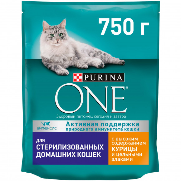 Корм Purina ONE для домашних стерилизованных кошек и котов, с курицей и цельными злаками, 750 г