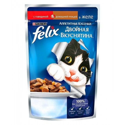 Влажный корм Purina Felix для кошек Двойной вкус говядина и птица пауч 85гр