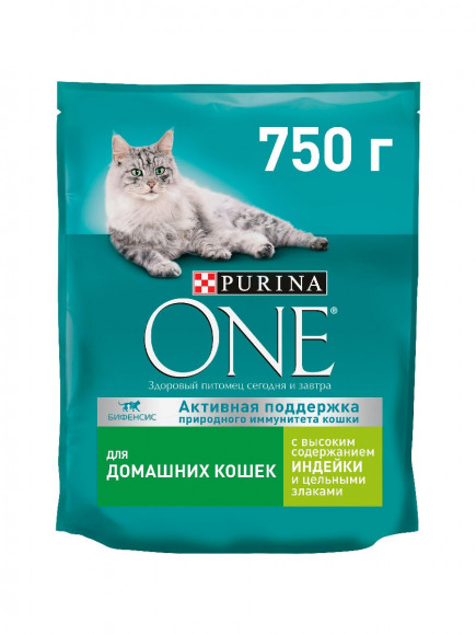 Корм Purina ONE для домашних стерилизованных кошек и котов, индейка, 750 г