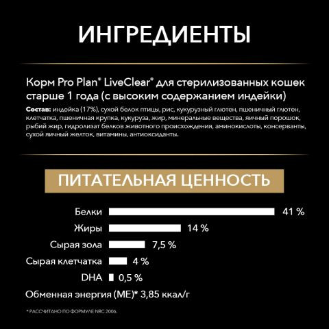 Корм Purina Pro Plan LiveClear для стерилизованных кошек, снижает количество аллергенов в шерсти, с индейкой, 400гр