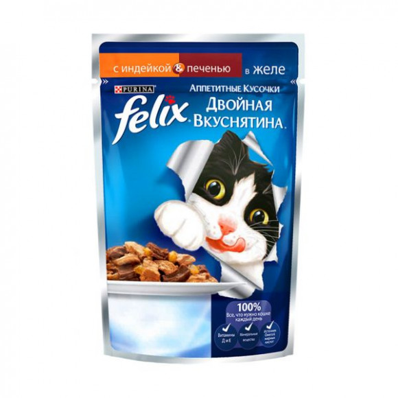 Влажный корм Purina Felix для кошек Аппетитные кусочки Двойная вкуснятина, индейка и печень, пауч,85гр