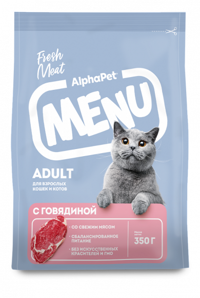 Корм Alphapet Menu для взрослых кошек и котов с говядиной, 350гр