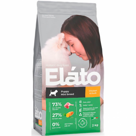 УЦЕНКА!!! Корм Elato Holistic для щенков мелких пород с курицей и уткой, 2кг (БРАК УПАКОВКИ)