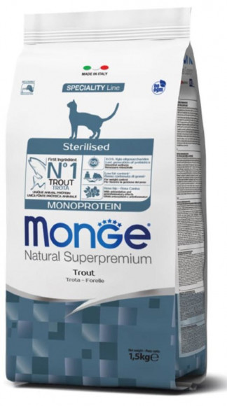 Корм Monge Cat Monoprotein Sterilised Trout для стерилизованных/кастрированных кошек с форелью 400гр