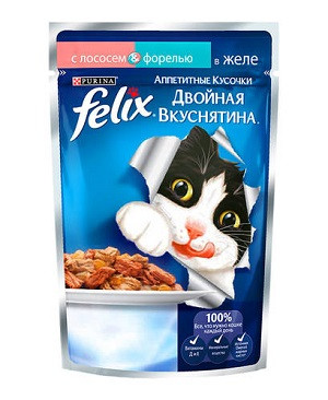 Влажный корм Purina Felix для взрослых кошек Двойной вкус лосось и форель пауч 85гр