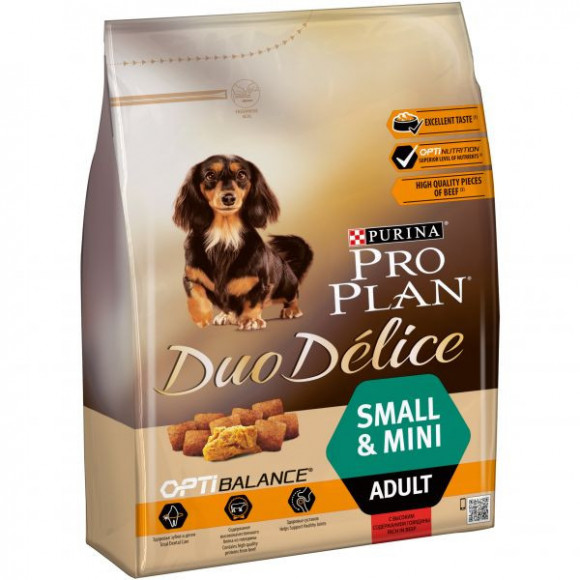 Корм Purina Pro Plan  DUO DELICE для взрослых собак мелких и карликовых пород с превосходным вкусом и двойной текстурой гранул с говядиной, 2.5 кг
