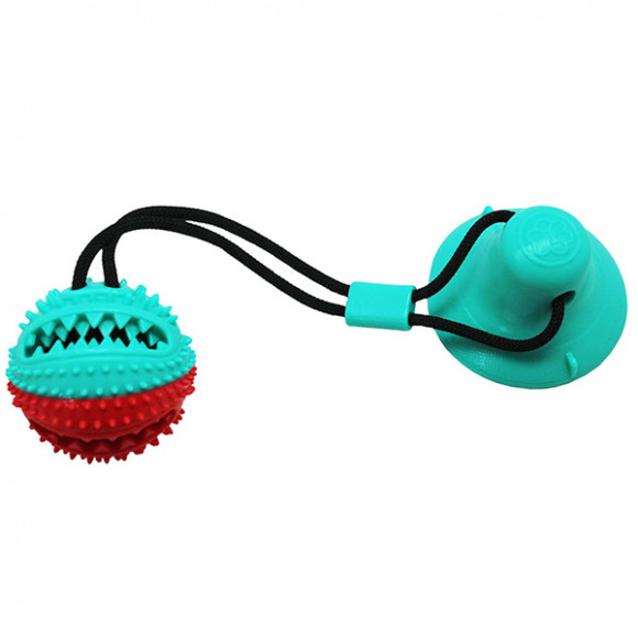 Игрушка для собак Тяни-кусай на одной присоске 40см бирюзово-красный шипованый мяч N1