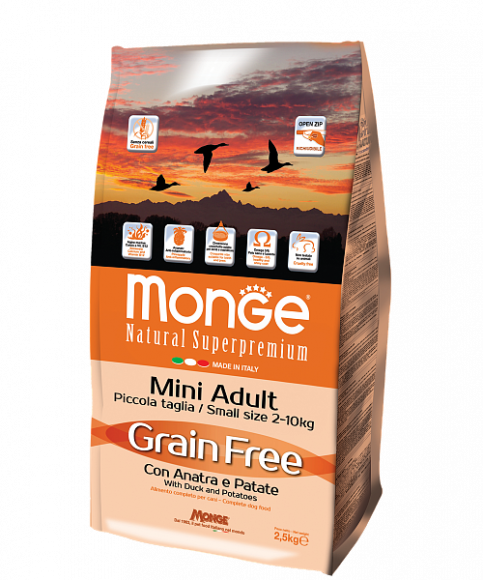 Корм Monge Grain Free Mini Adult Con Anatra e Patate беззерновой корм для взрослых собак мелких пород Утка с картофелем 2,5кг