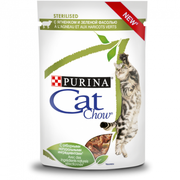 Влажный корм Purina Cat Chow для взрослых стерилизованных кошек и кастрированных котов, с ягненком и зеленой фасолью в соусе, 85 г.