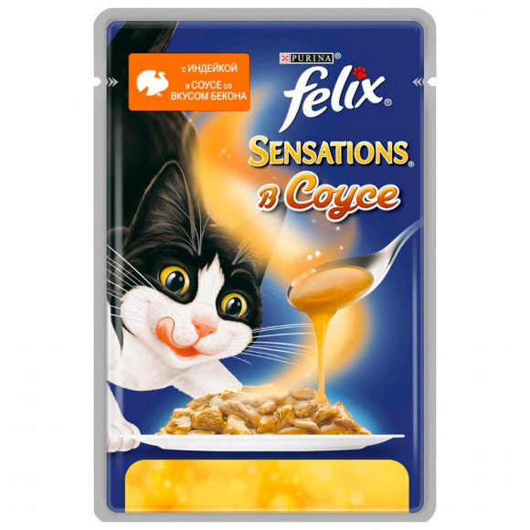 Влажный корм Purina Felix Sensations для кошек в Удивительном соусе, индейка и бекон, пауч, 85гр