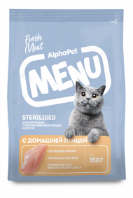 Корм AlphaPet Menu для взрослых стерилизованных кошек и котов с домашней птицей 350 г Корм AlphaPet Menu для взрослых стерилизованных кошек и котов с домашней птицей 350 г