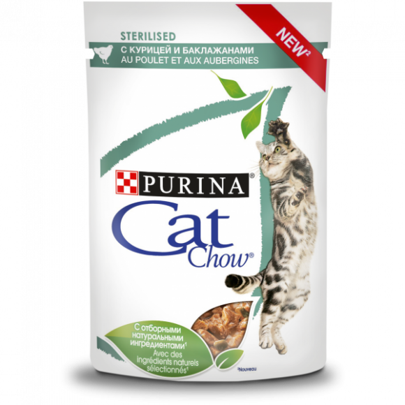 Влажный корм Purina Cat Chow для взрослых стерилизованных кошек и кастрированных котов, с курицей и баклажанами в соусе, 85 г