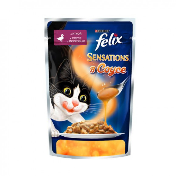 Влажный корм Purina Felix Sensations для кошек в Удивительном соусе, утка с морковью, пауч, 85гр