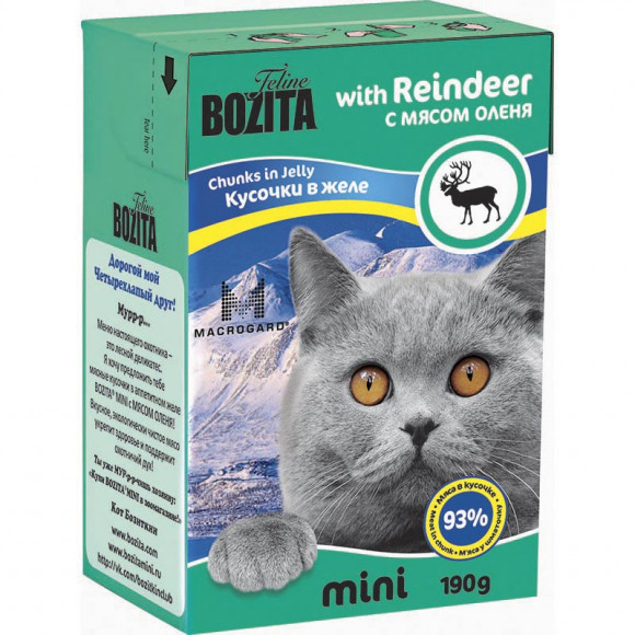 Влажный корм Bozita super premium mini Chunks in Jelly with Reindeer кусочки в желе для кошек с оленем 190гр