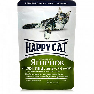 Влажный корм Happy Cat для кошек, кусочки в желе Ягненок, телятина, фасоль 100гр