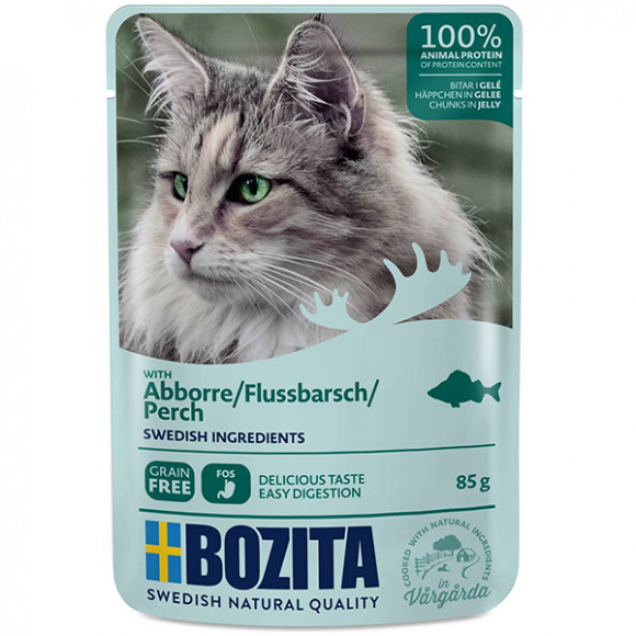 Влажный корм BOZITA для кошек кусочки в желе с окунем 85г