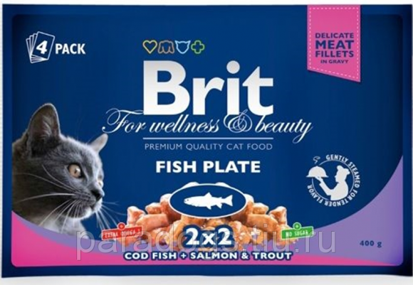 Влажный корм Brit Premium для взрослых кошек всех пород Рыбная тарелка (набор паучей) 4шт*100гр