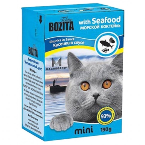 Влажный корм Bozita super premium mini Chunks in Sauce with Seafood кусочки в соусе для кошек с морским коктейлем 190гр
