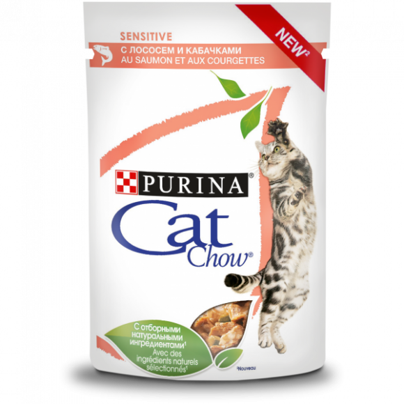 Влажный корм Purina Cat Chow Sensitive для взрослых кошек с чувствительным пищеварением, с лососем и кабачками в соусе, 85 г