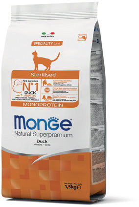 Корм Monge Cat Monoprotein Sterilised Duck для взрослых стерилизованных кошек с уткой 1,5кг