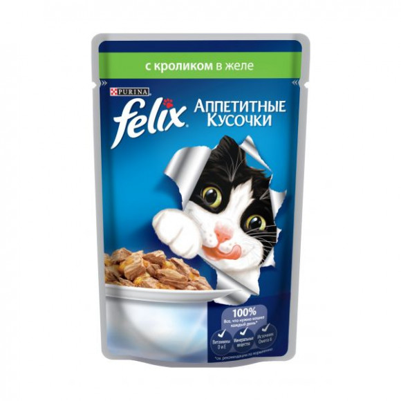 Влажный корм Purina Felix для кошек Аппетитные кусочки с кроликом в желе пауч 85гр
