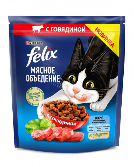 Корм Purina Felix Мясное Объединение для взрослых кошек, с говядиной, 600 г