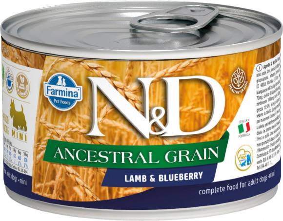 Влажный корм Farmina N&D Dog Ancestral Grain Lamb & Blueberry Mini консервы низкозерновые для собак мелких пород Ягненок с черникой 140гр