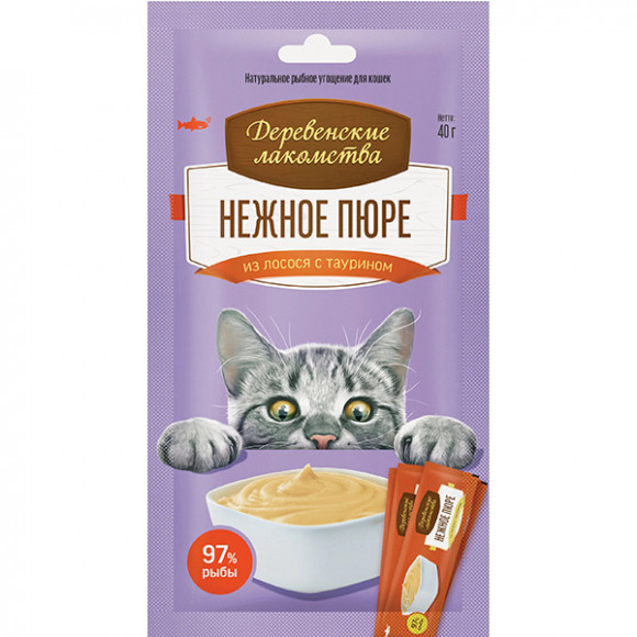 Деревенские лакомства для кошек Нежное пюре из лосося 4*10гр Деревенские лакомства для кошек Нежное пюре из лосося 4*10гр